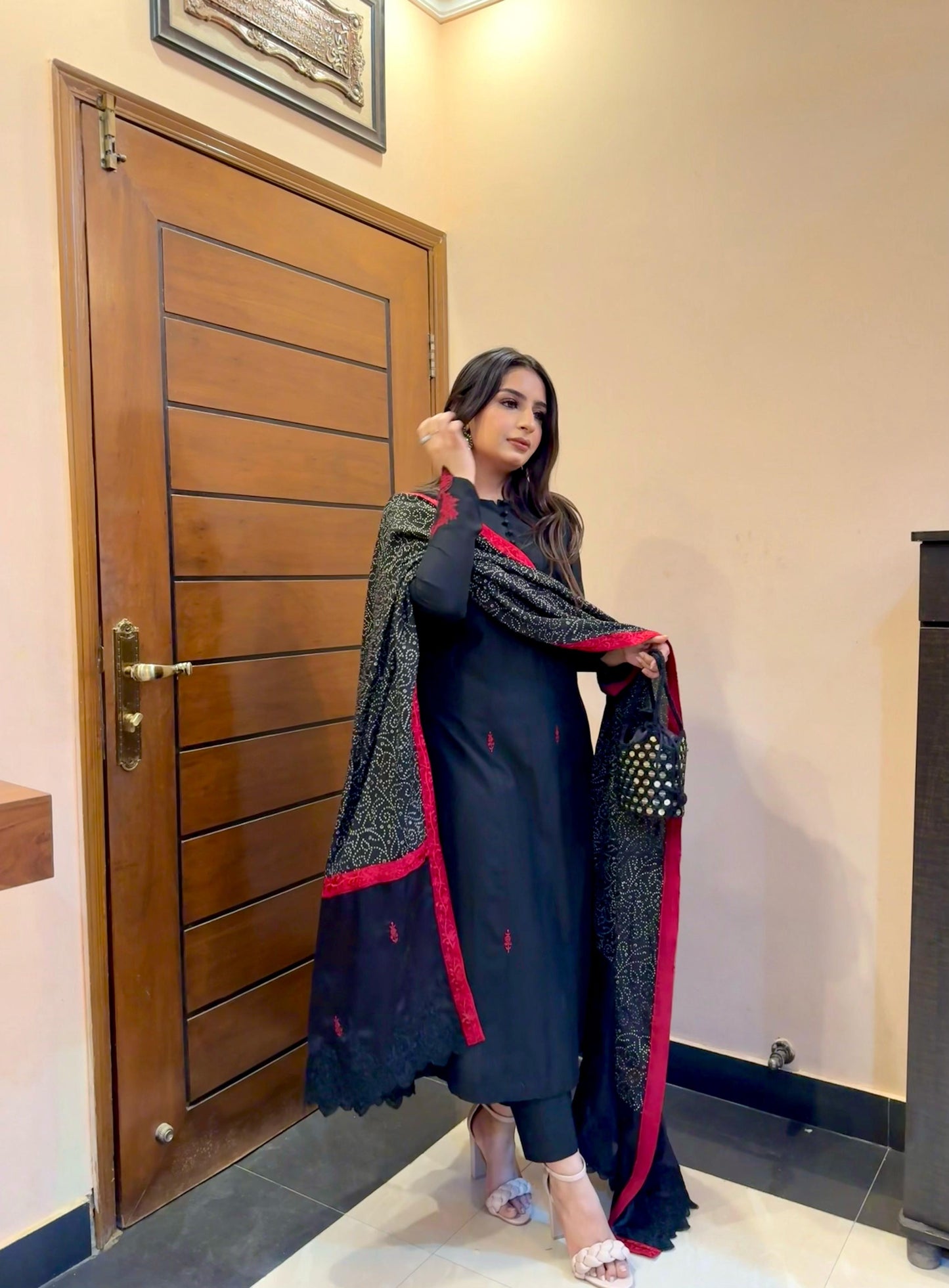 HK53# Black Cotton Katan with Printed Dupatta