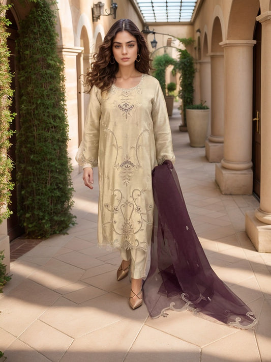 HK63 Beige sheesha silk with cutwork