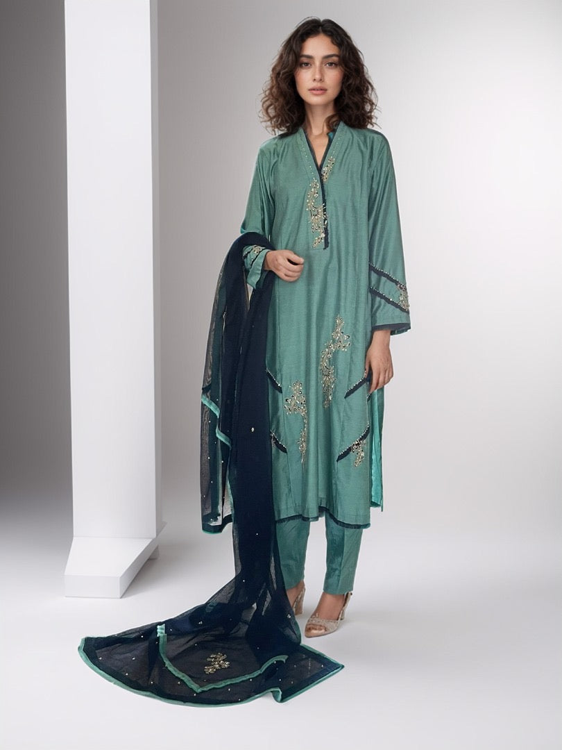 Ferozi blue with Dark blue dupatta