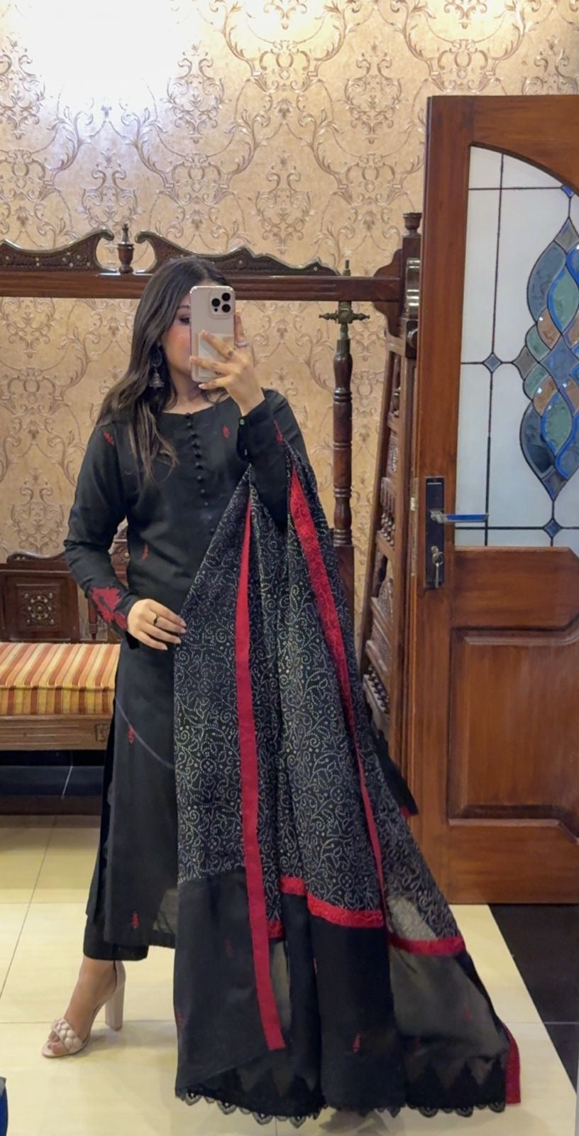 HK53# Black Cotton Katan with Printed Dupatta