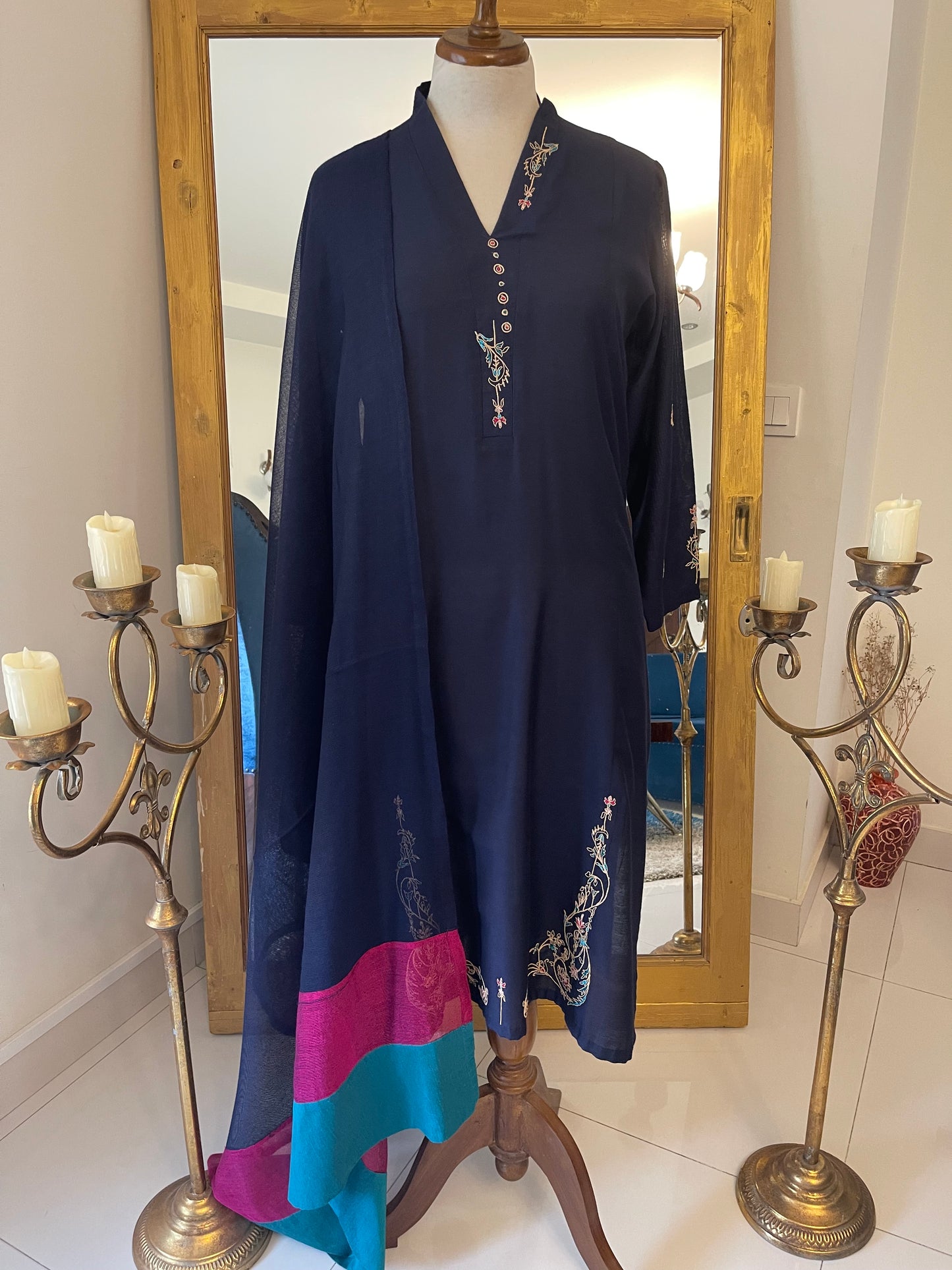 Dark Blue with thread Embroidery