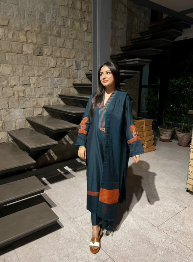 Dark Green Cotton Katan Dress with Rust Kashmiri Pashmina Borders