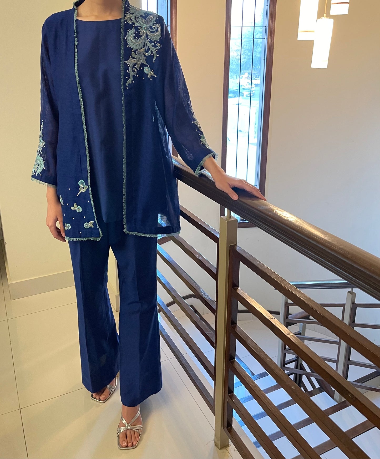 Royal Blue Cotton net jacket with cotton Katan inner and bell bottoms
