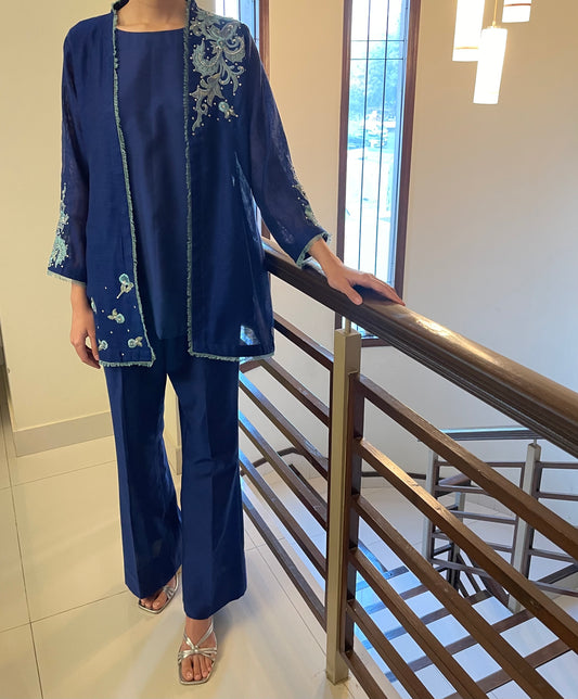 Royal Blue Cotton net jacket with cotton Katan inner and bell bottoms