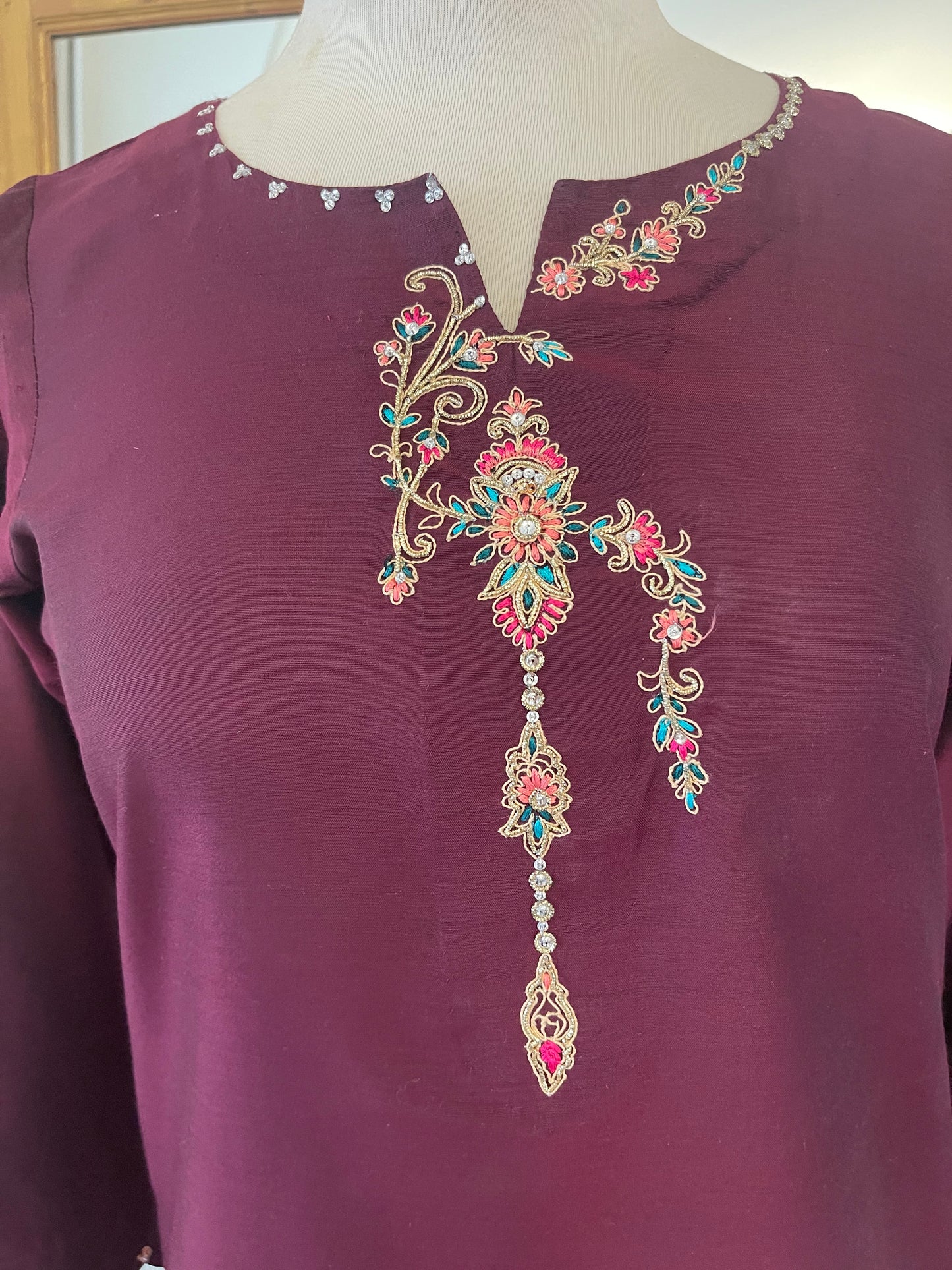 Burgundy short shirt with Shalwar/pants and dupatta