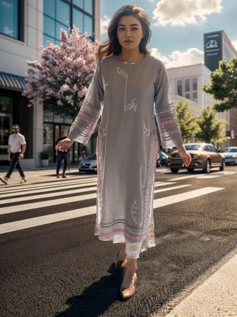 Grey silk shirt with offwhite silk pants