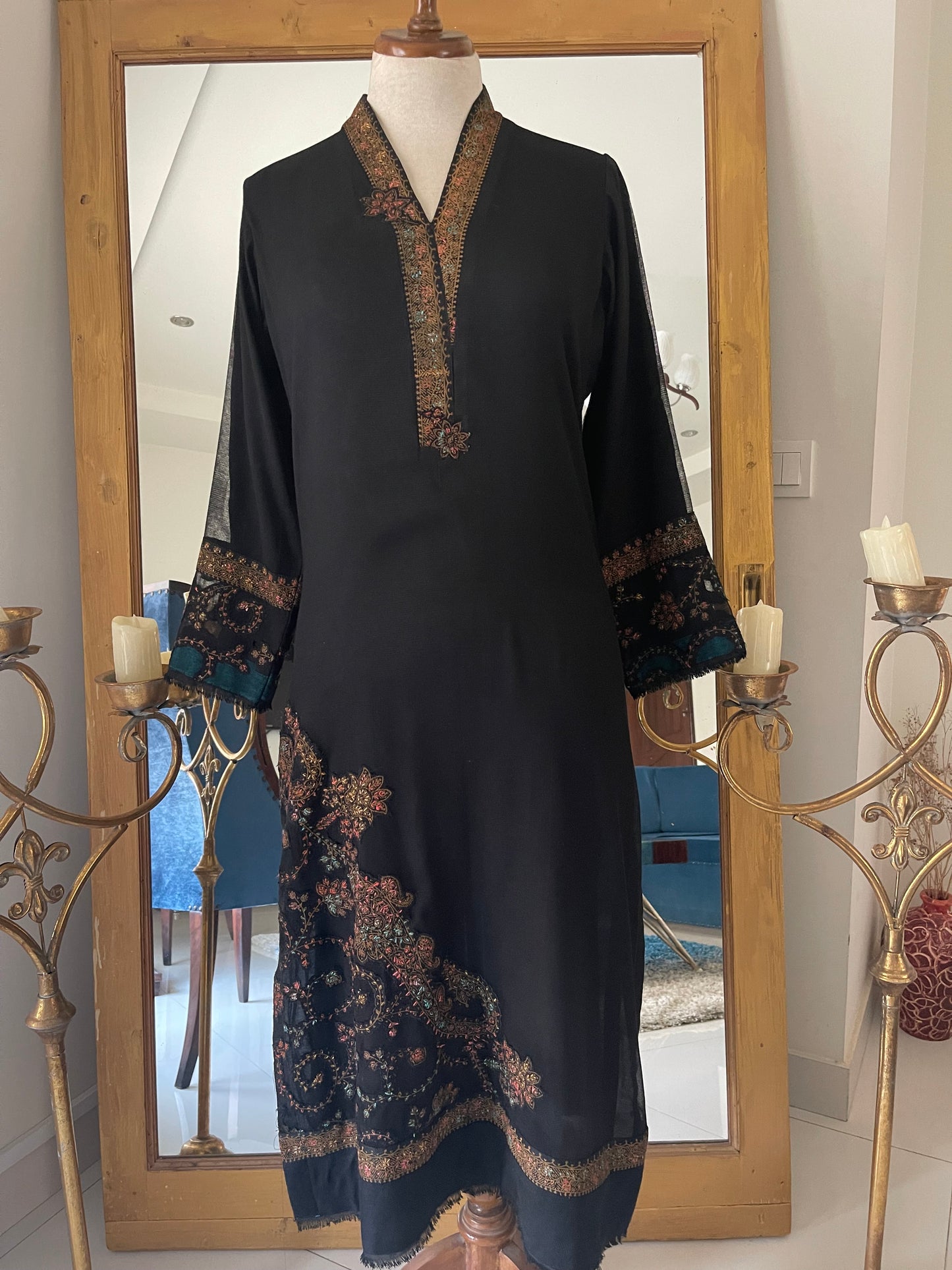 Black Block Print with Kashmiri thread embroidery