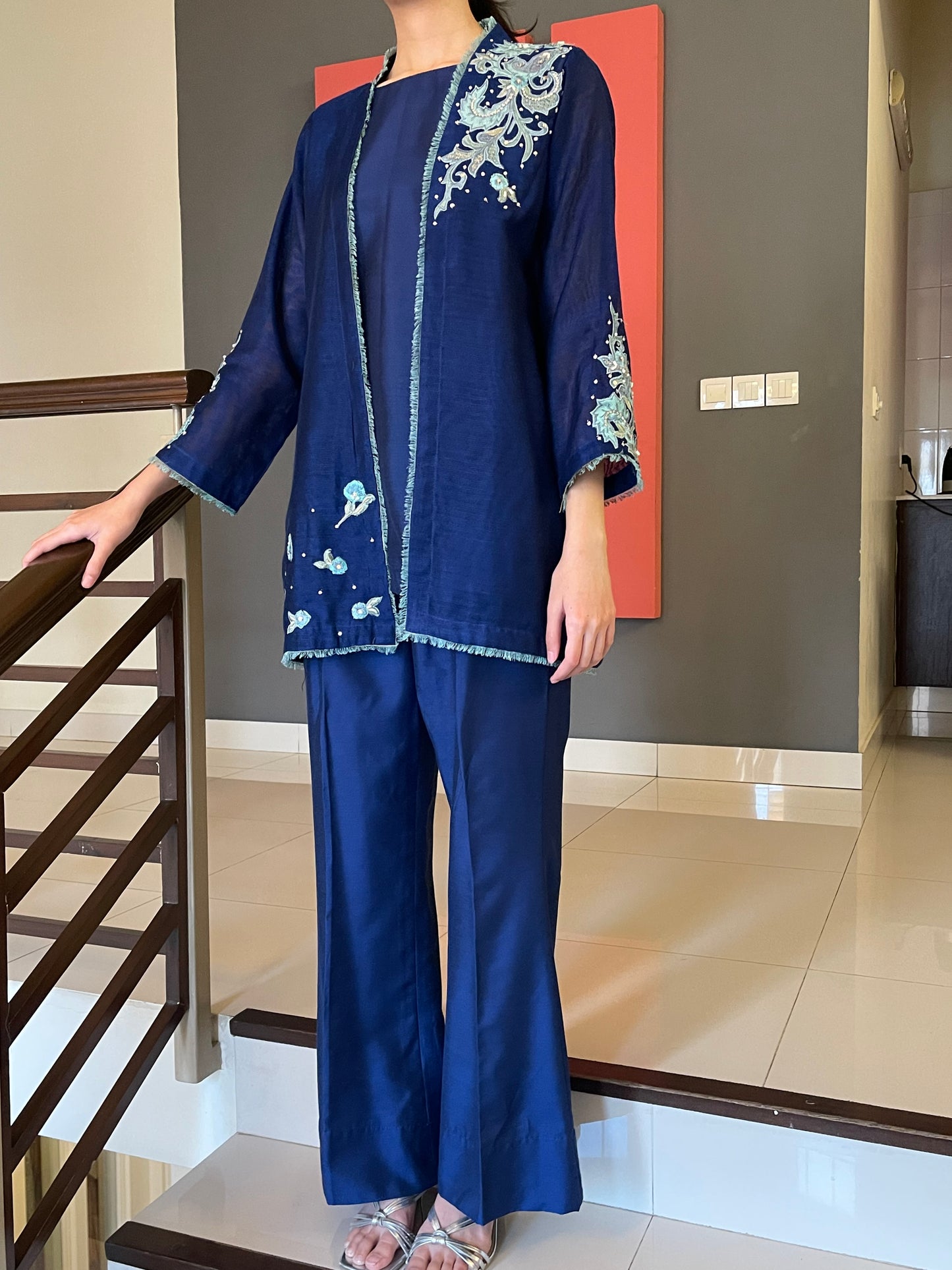 Royal Blue Cotton net jacket with cotton Katan inner and bell bottoms