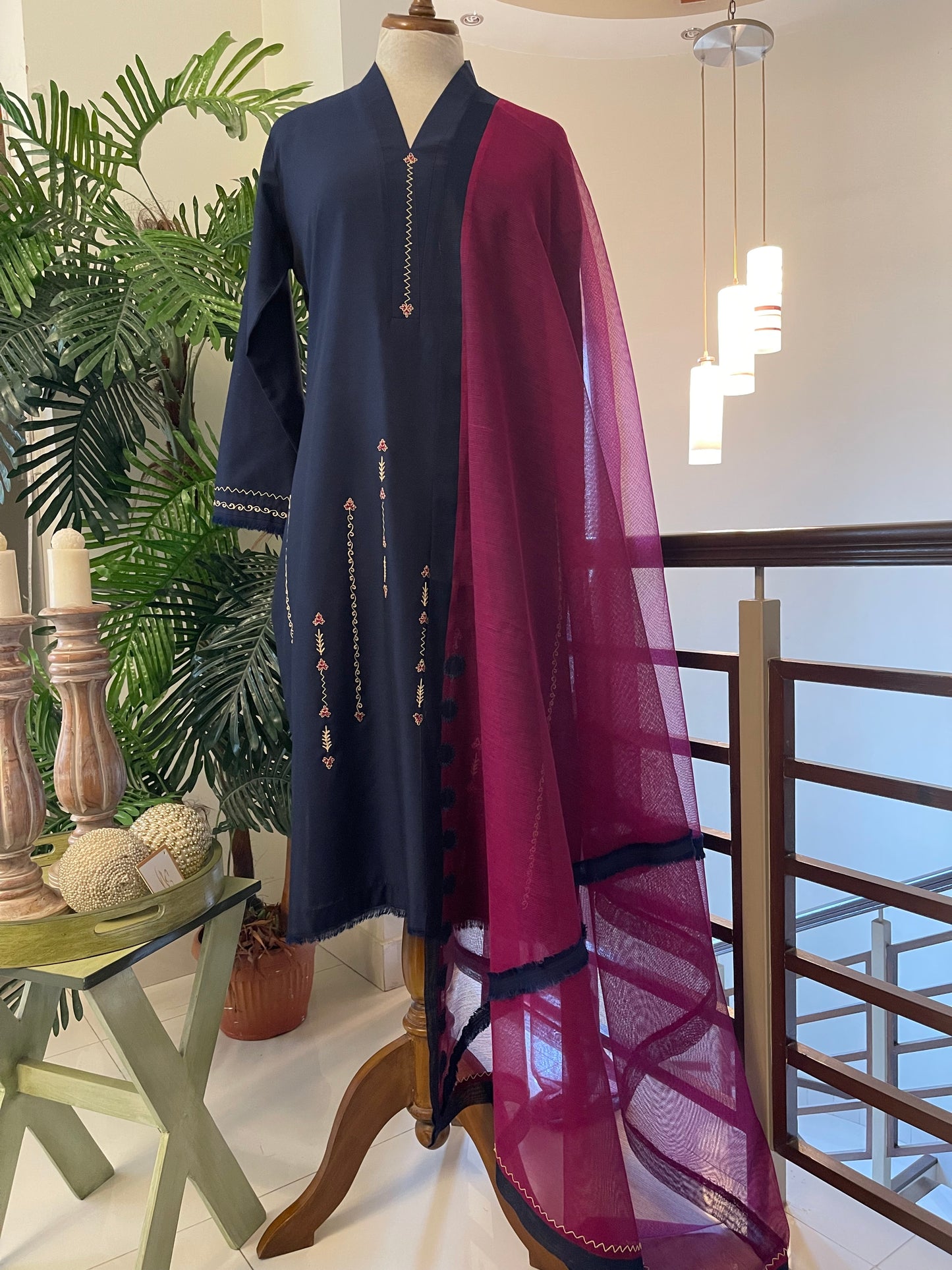 HK 81 Dark Blue with Magenta Purple dupatta