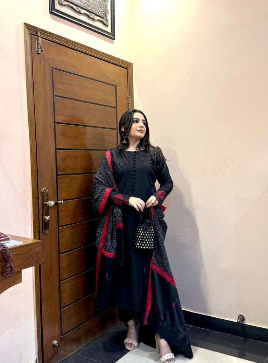 HK53# Black Cotton Katan with Printed Dupatta