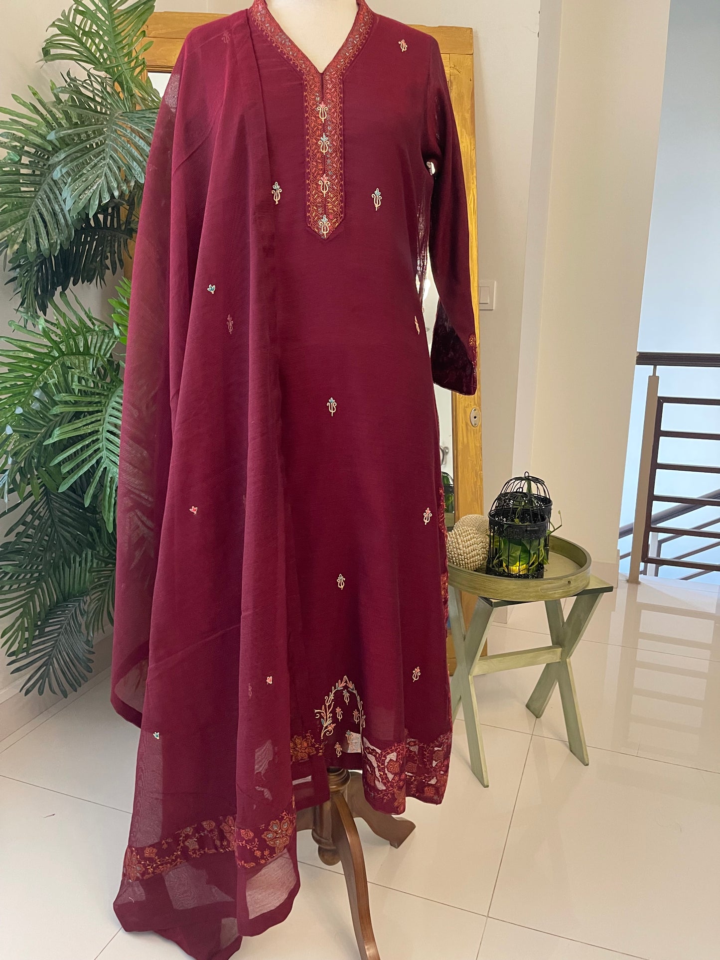 HK 90 Burgundy Kashmiri work with block print