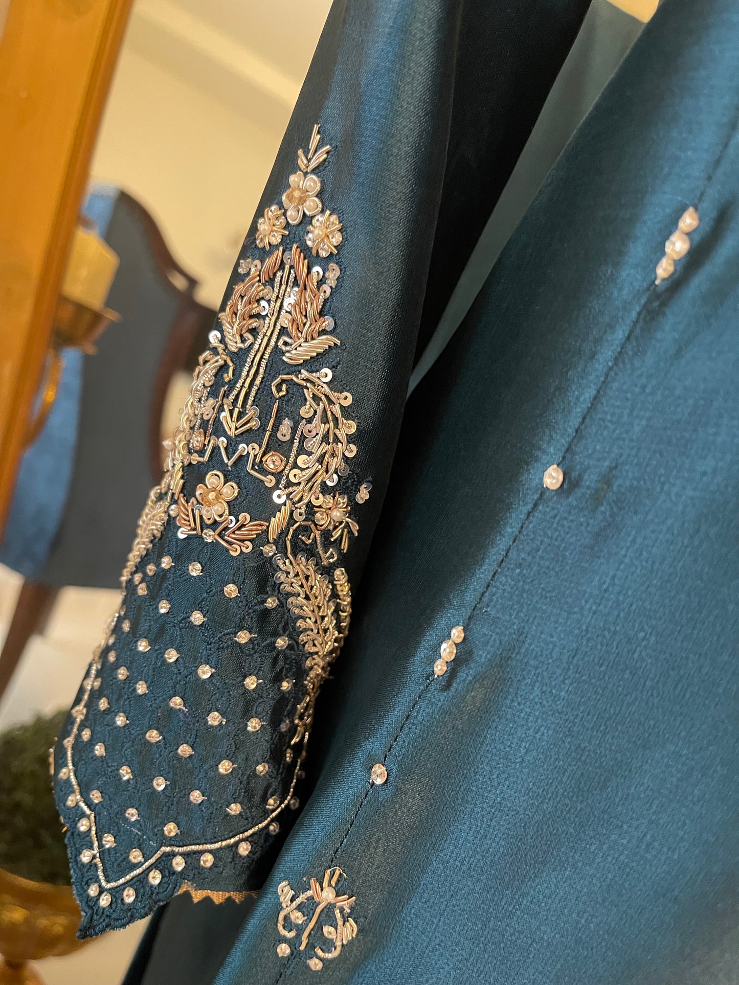 HK 77 Teal blue with chikan kari shawl