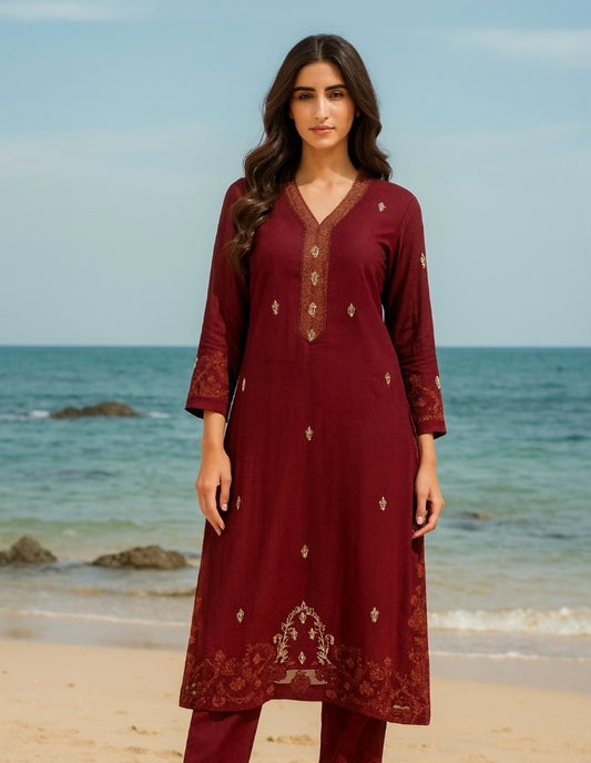 HK 90 Burgundy Kashmiri work with block print