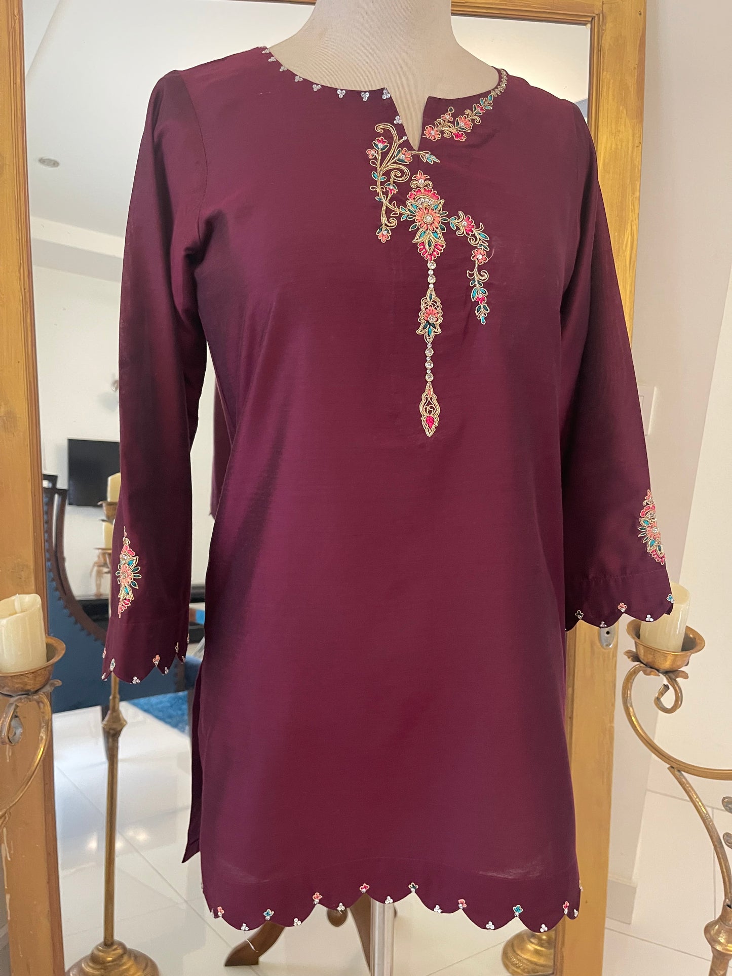 Burgundy short shirt with Shalwar/pants and dupatta