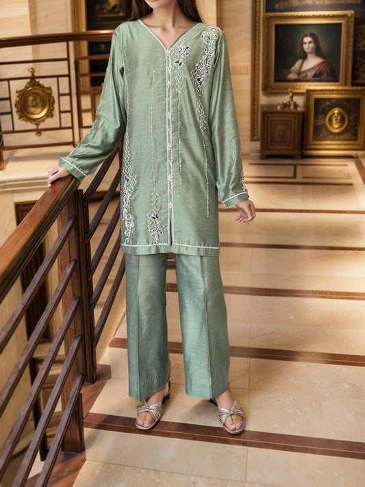 HK58 Pistachio green with teal blue dupatta