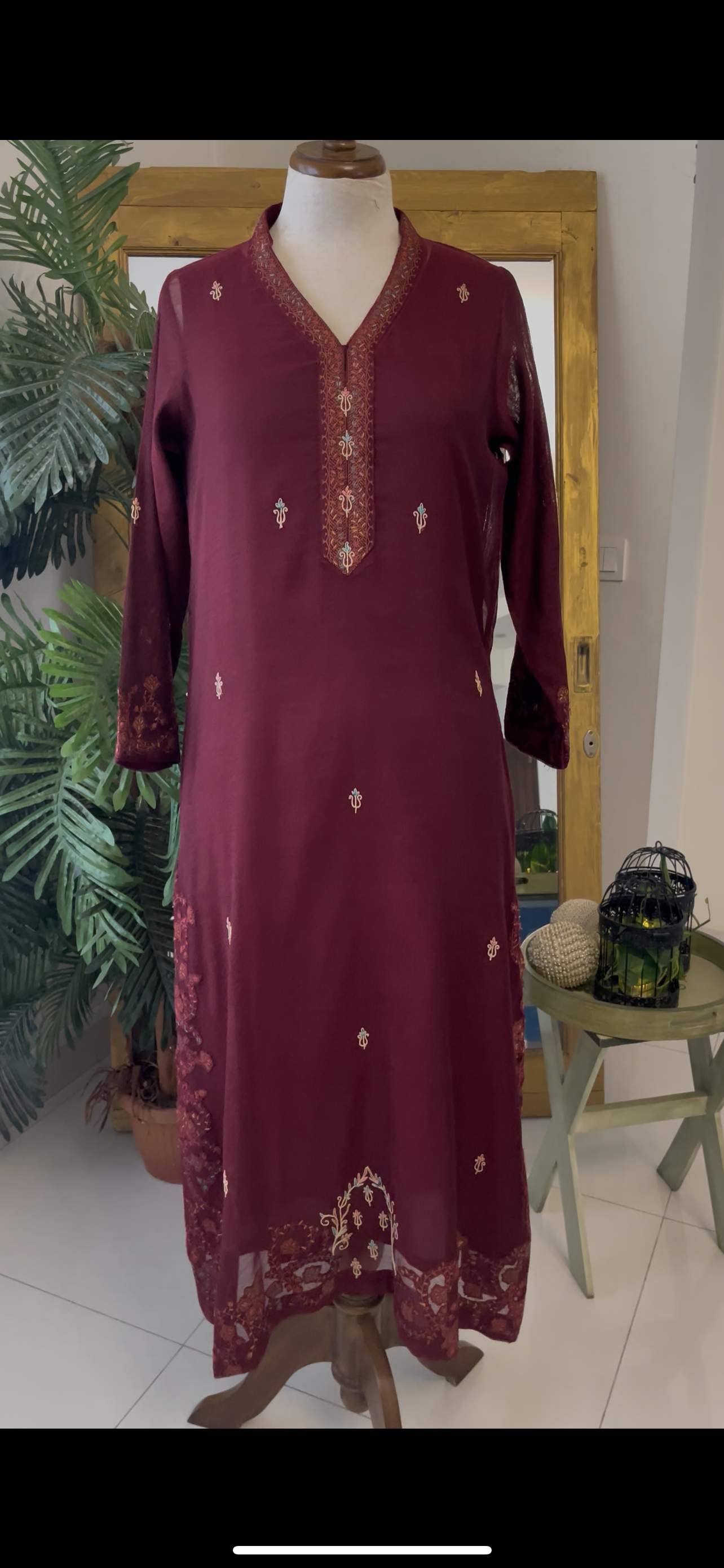 HK 90 Burgundy Kashmiri work with block print