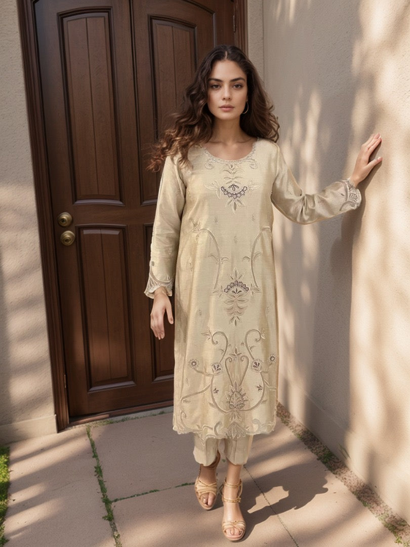 HK63 Beige sheesha silk with cutwork