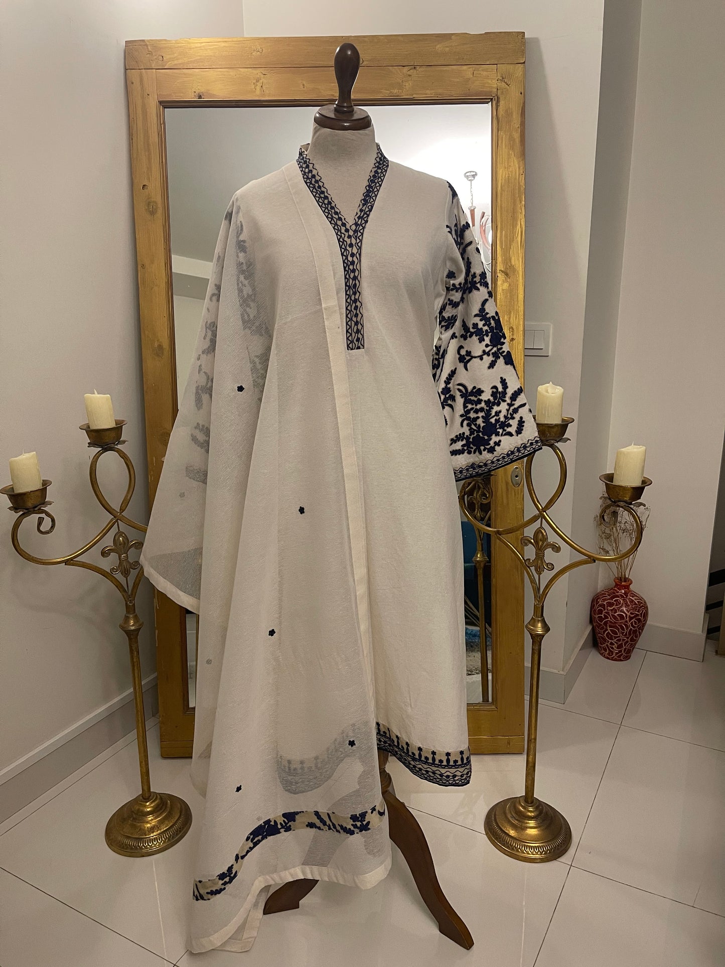 Beige Self Karandi with Floral Sleeves