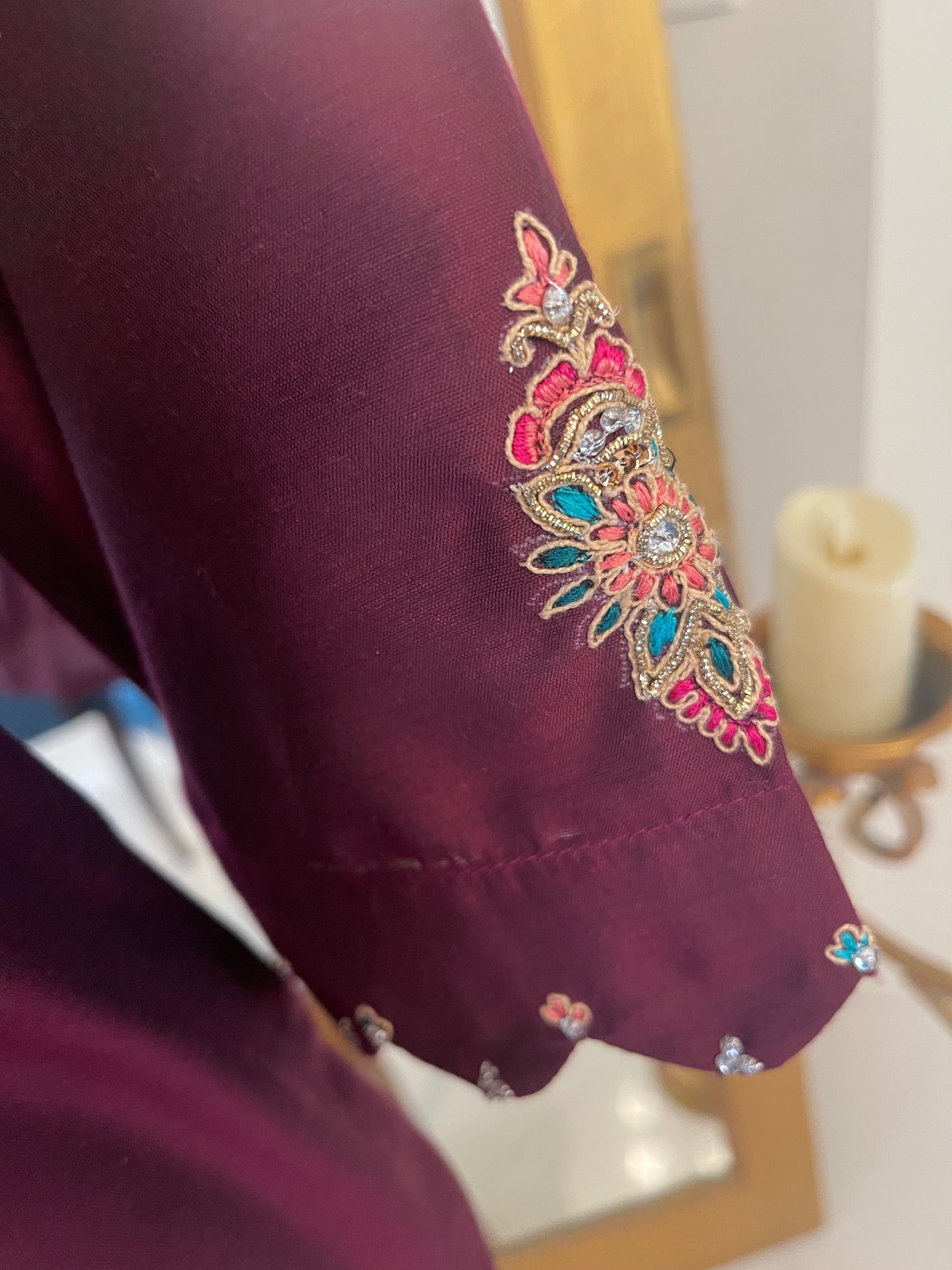 Burgundy short shirt with Shalwar/pants and dupatta