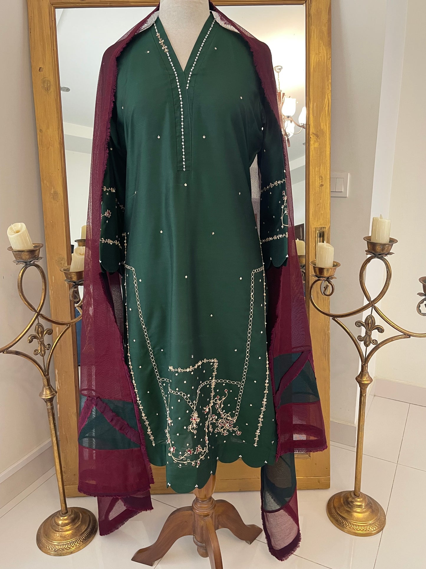 Teal green with Marron dupatta
