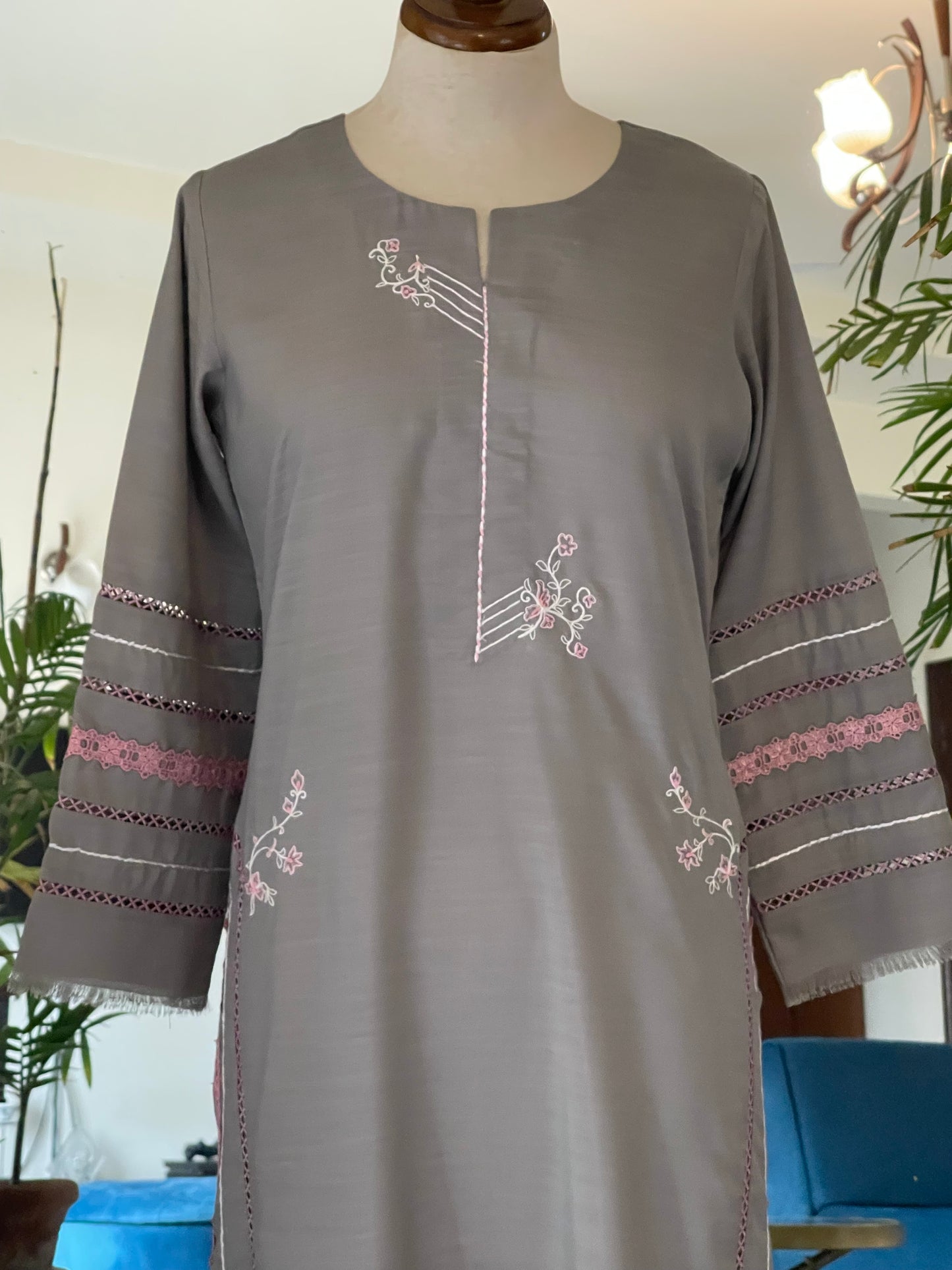 Grey silk shirt with offwhite silk pants