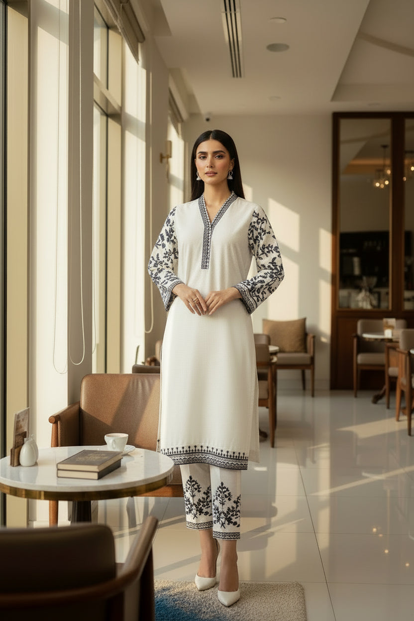 Beige Self Karandi with Floral Sleeves