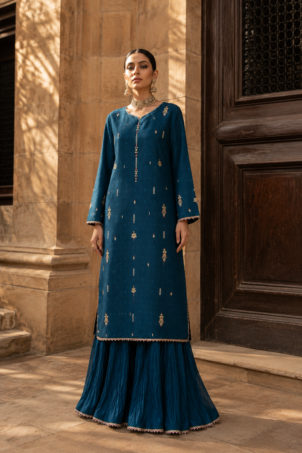 HK 162 Teal Blue Self Sheesha Silk