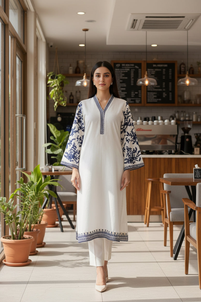 Beige Self Karandi with Floral Sleeves