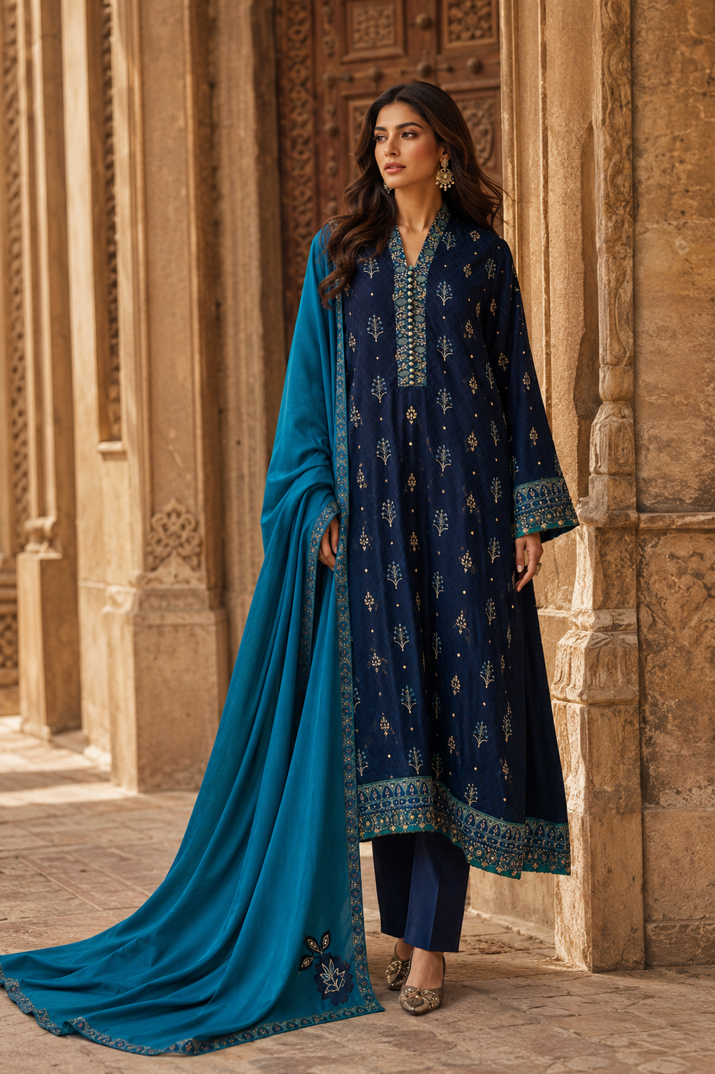 HK 154 Printed Blue Korean Silk