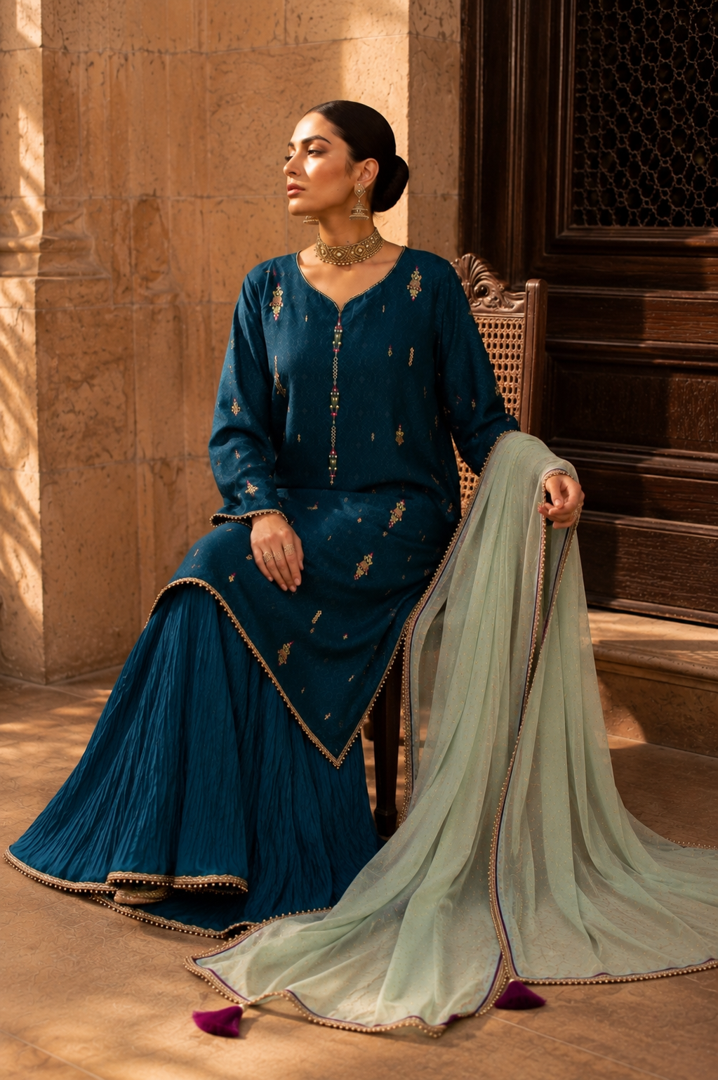 HK 162 Teal Blue Self Sheesha Silk
