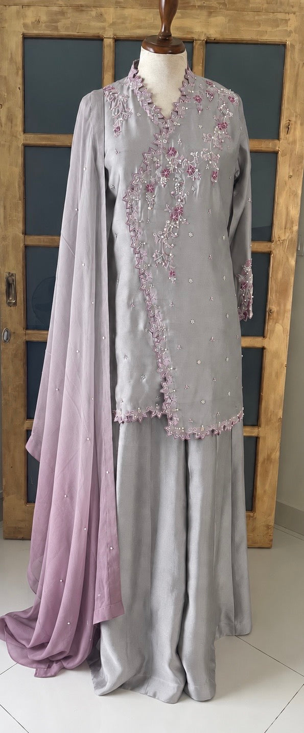HK 166 Silver Grey Cutwork Angrakha Ensemble