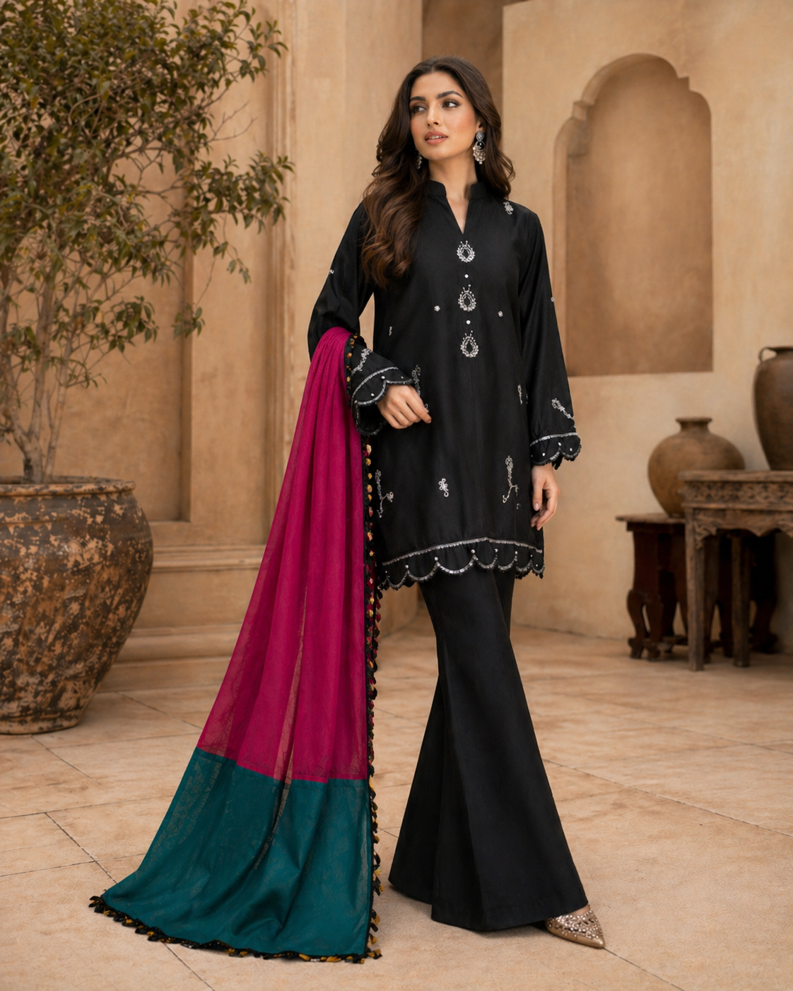HK 67 Black  with Cotton net dupatta