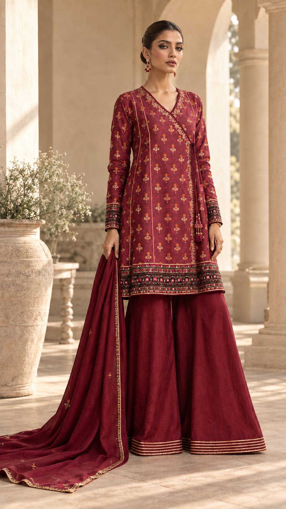 HK 178 Marron Printed Angrakha Ensemble