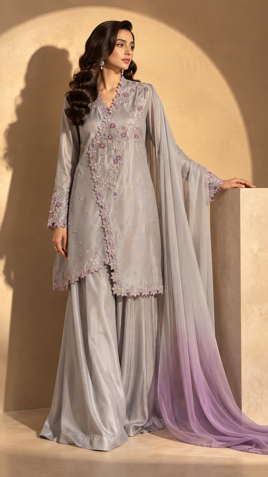 HK 166 Silver Grey Cutwork Angrakha Ensemble