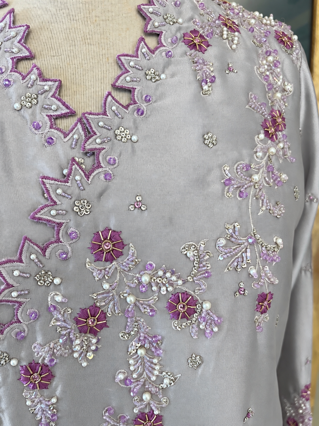 HK 166 Silver Grey Cutwork Angrakha Ensemble