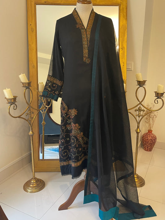 Black Block Print with Kashmiri thread embroidery