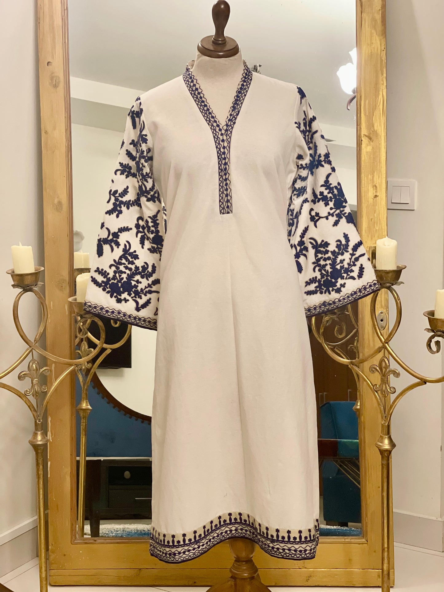 Beige Self Karandi with Floral Sleeves