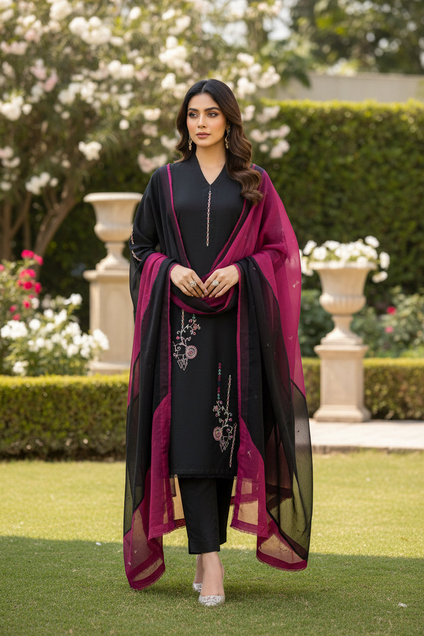 HK 110 Black magenta Purple Dupatta