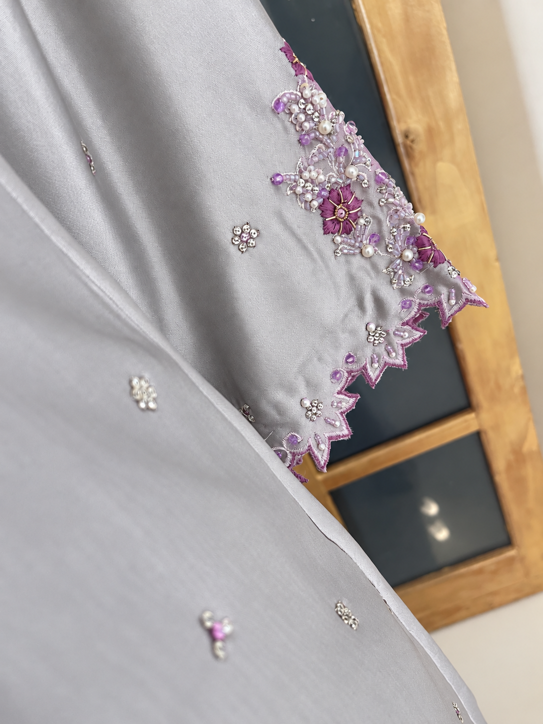 HK 166 Silver Grey Cutwork Angrakha Ensemble