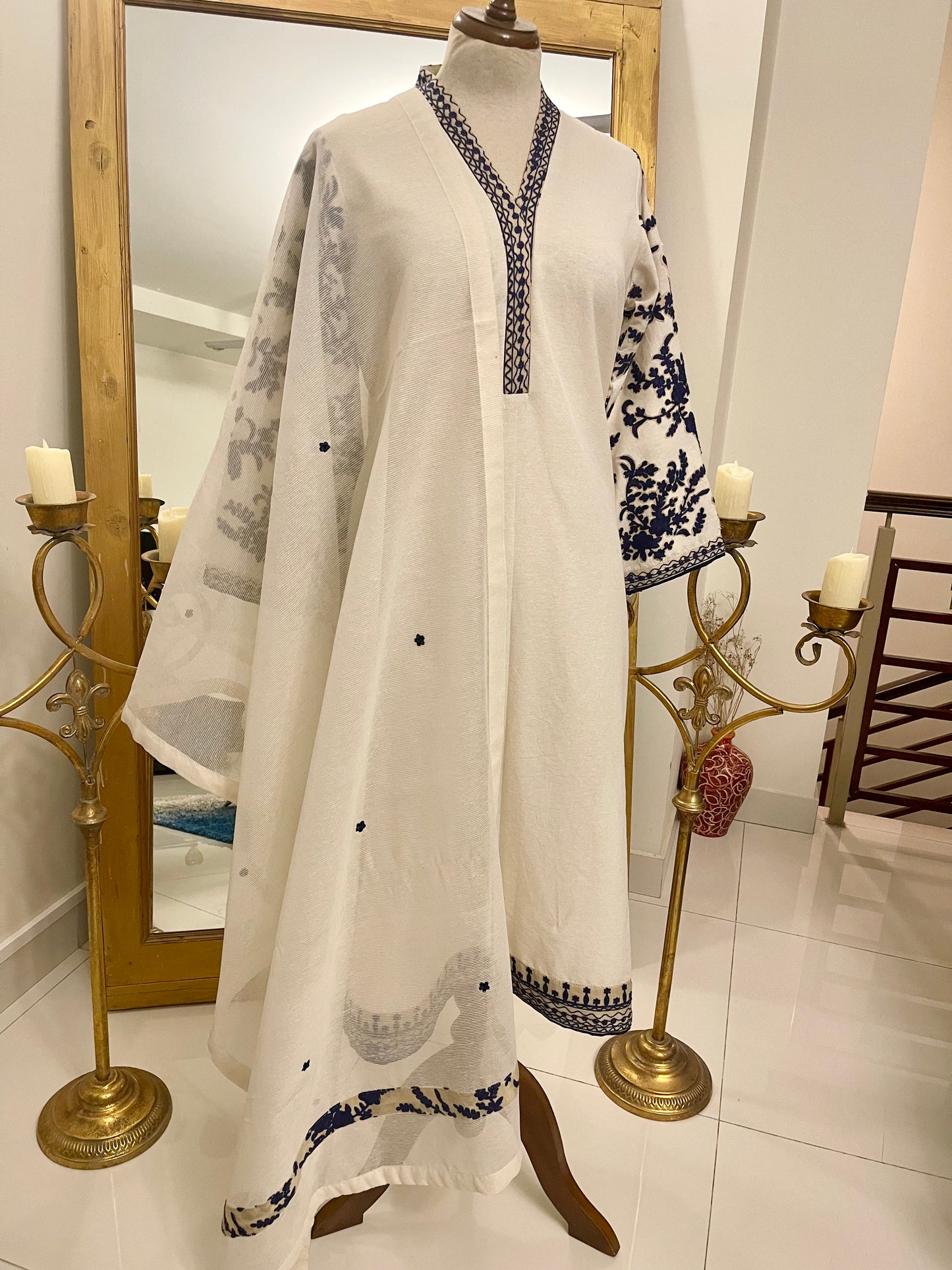 Beige Self Karandi with Floral Sleeves