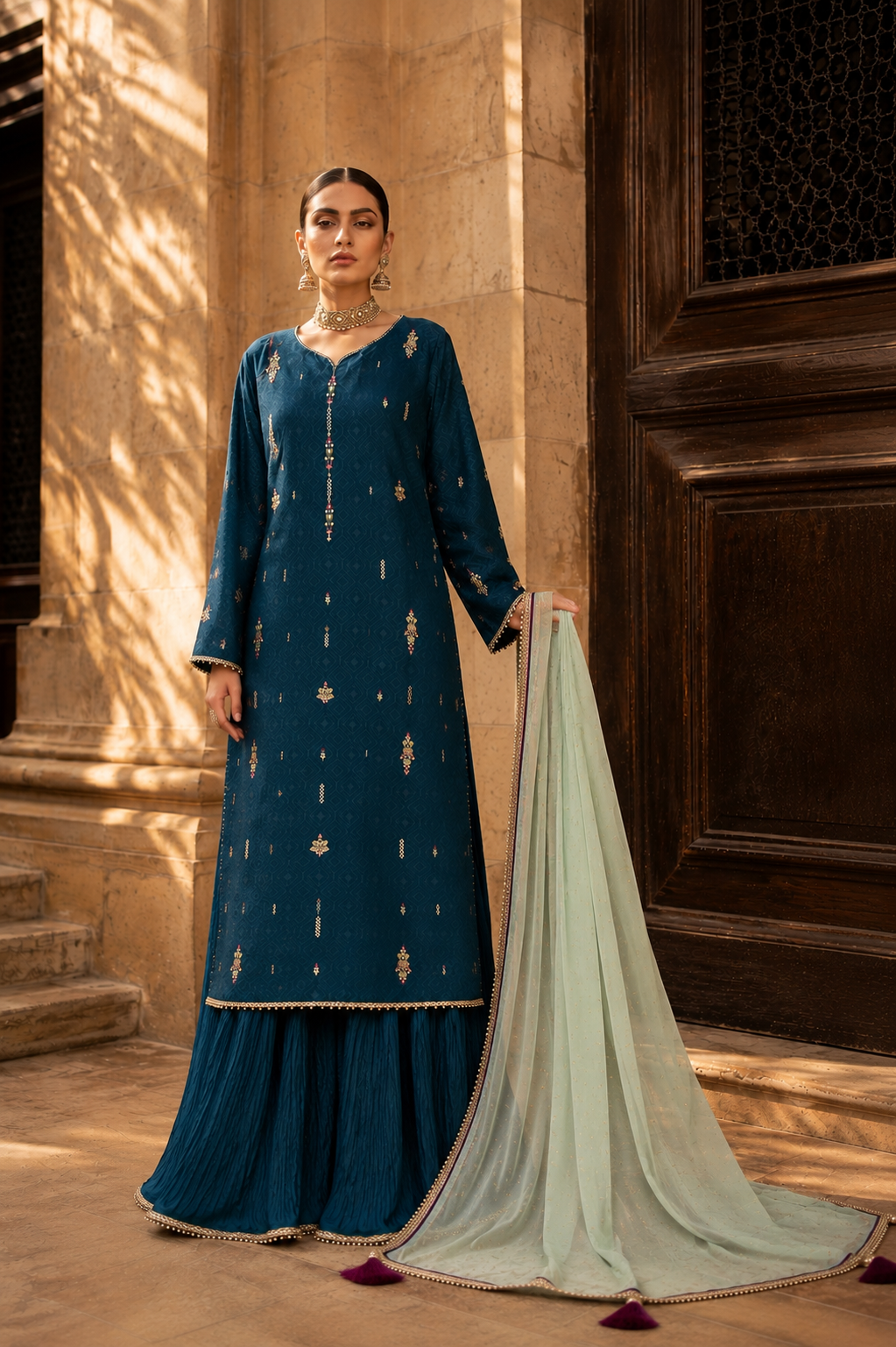 HK 162 Teal Blue Self Sheesha Silk