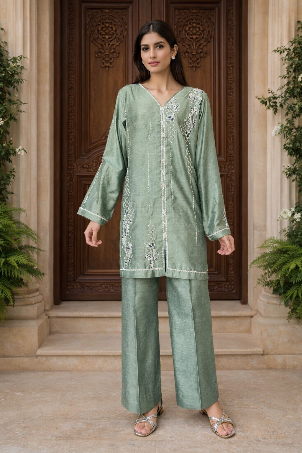 HK58 Pistachio green with teal blue dupatta