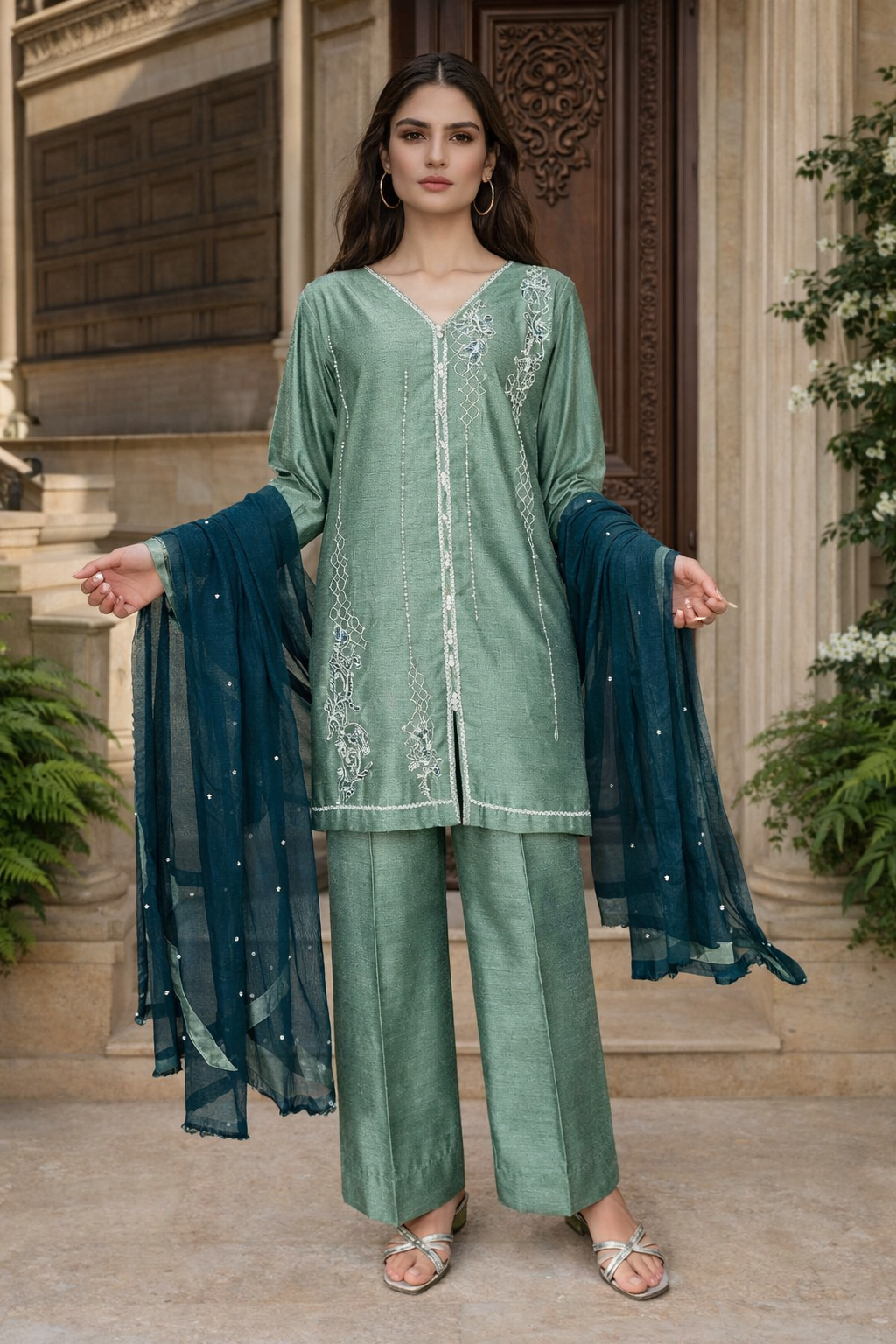 HK58 Pistachio green with teal blue dupatta