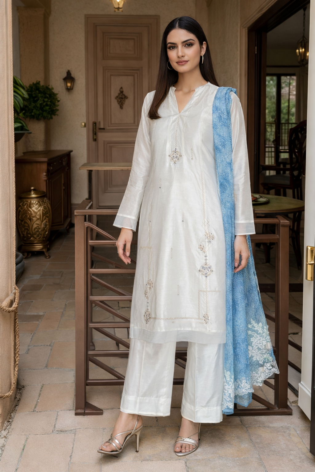 HK 62 Off-white with printed dupatta 3pc