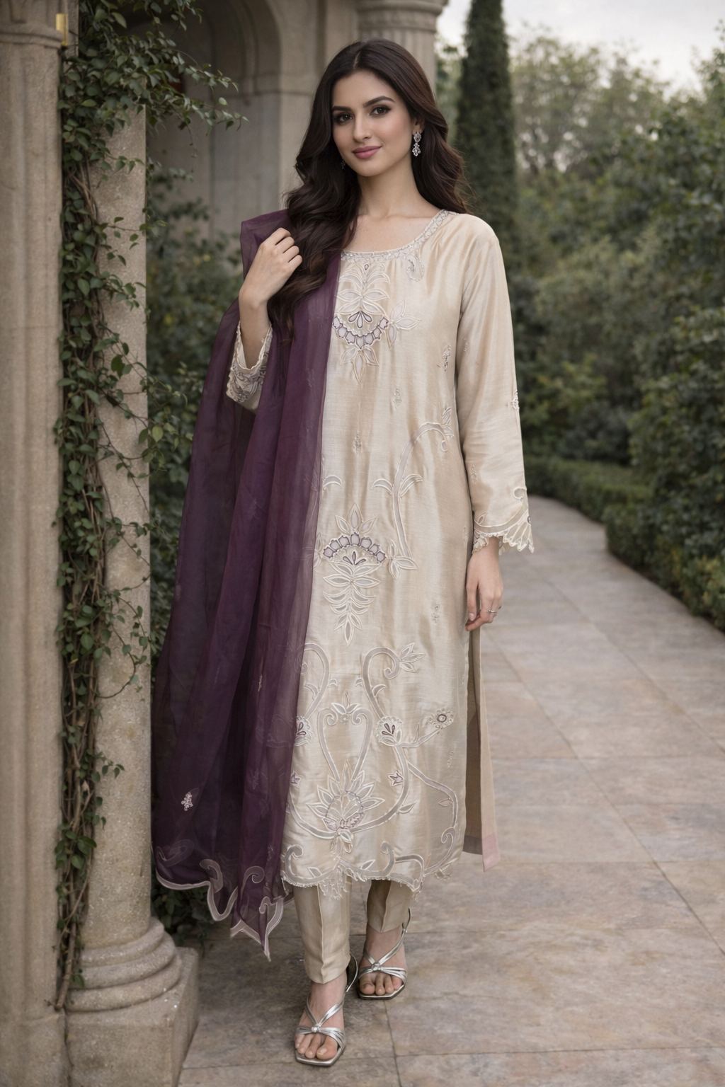 HK63 Beige sheesha silk with cutwork