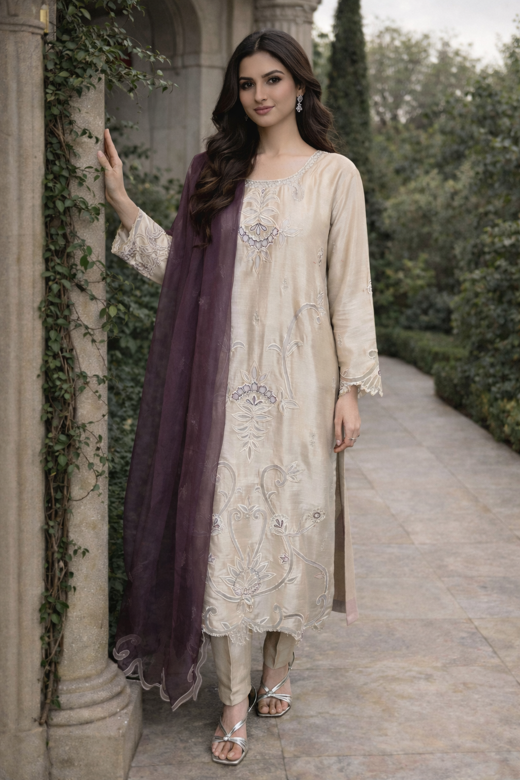 HK63 Beige sheesha silk with cutwork