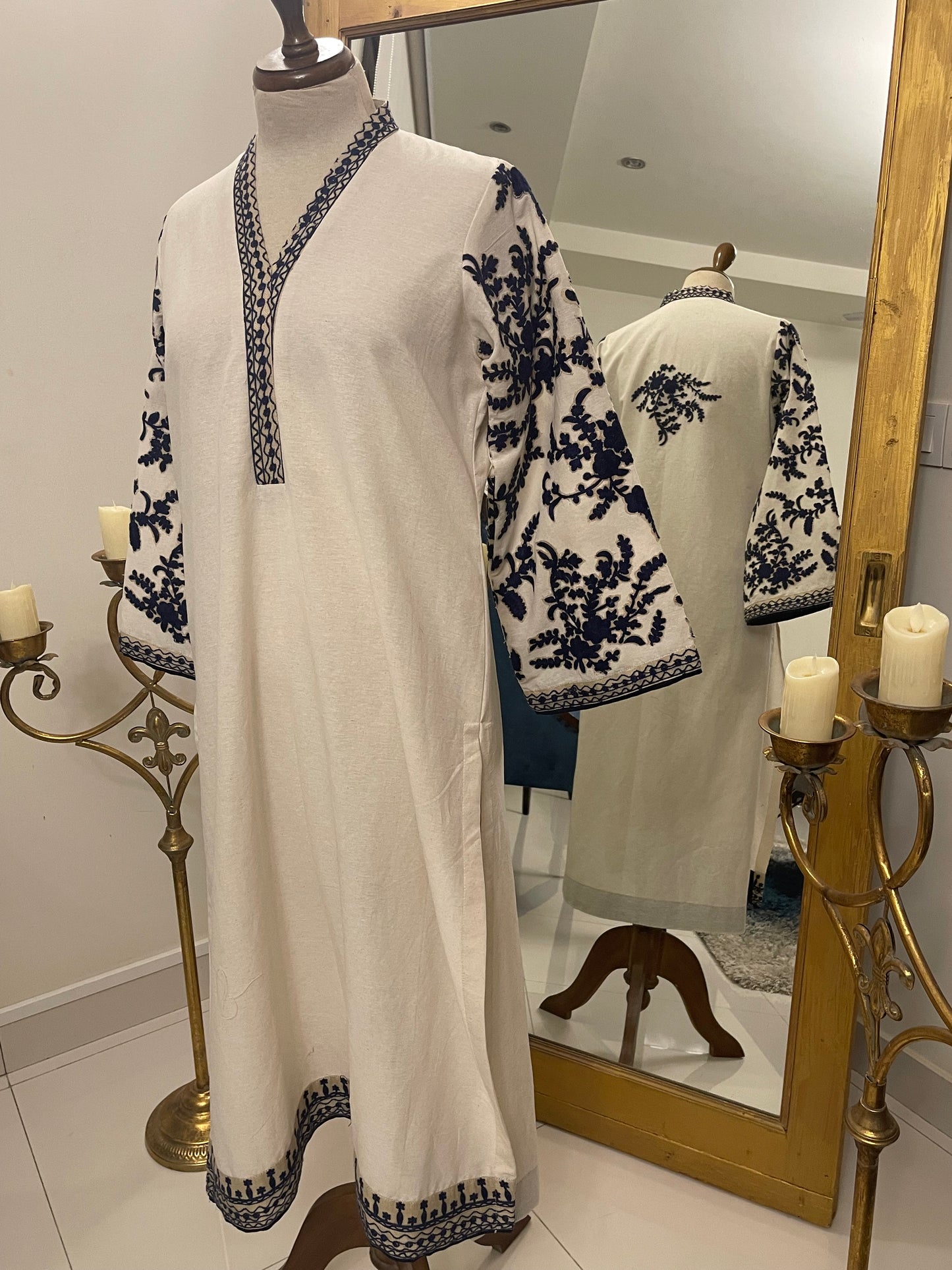 Beige Self Karandi with Floral Sleeves