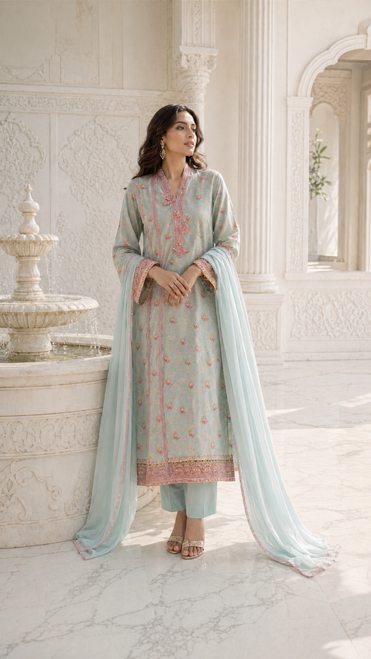 HK 140 Soft Aqua blue Printed