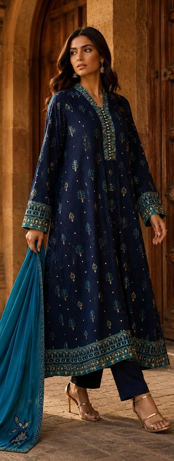 HK 154 Printed Blue Korean Silk