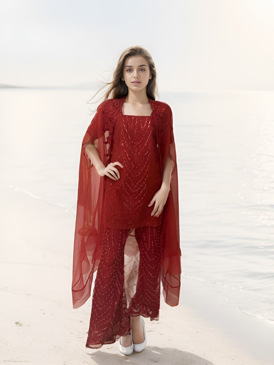 Red Dress with Cape and Bell Bottoms